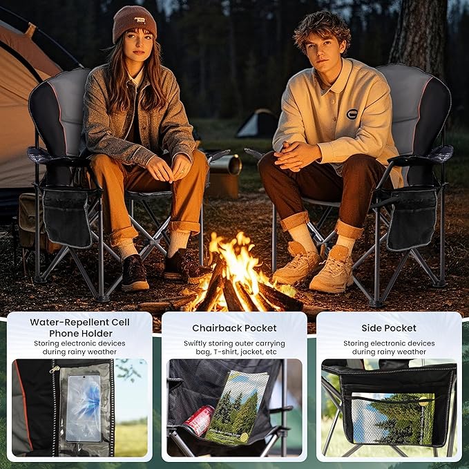 Folding Camping Chairs for Adults - High Back Padded Outdoor Lawn Chairs with Lumbar Support &amp Cup Holder (Black &amp Gray 1 Pack)