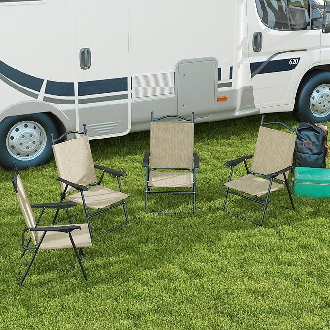 Folding Patio Chairs Set of 4 Sports Chairs for Adults Camping Chairs with Armrests Breathable Mesh Fabric Seat for Lawn Beige