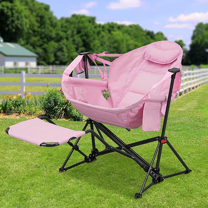 Ainfox Hammock Camping Chair with Footrest Foldable Rocking Chairs for Adults Outside Swinging Camp with Cup Holder Pillow for Outdoor Patio Garden (Pink)