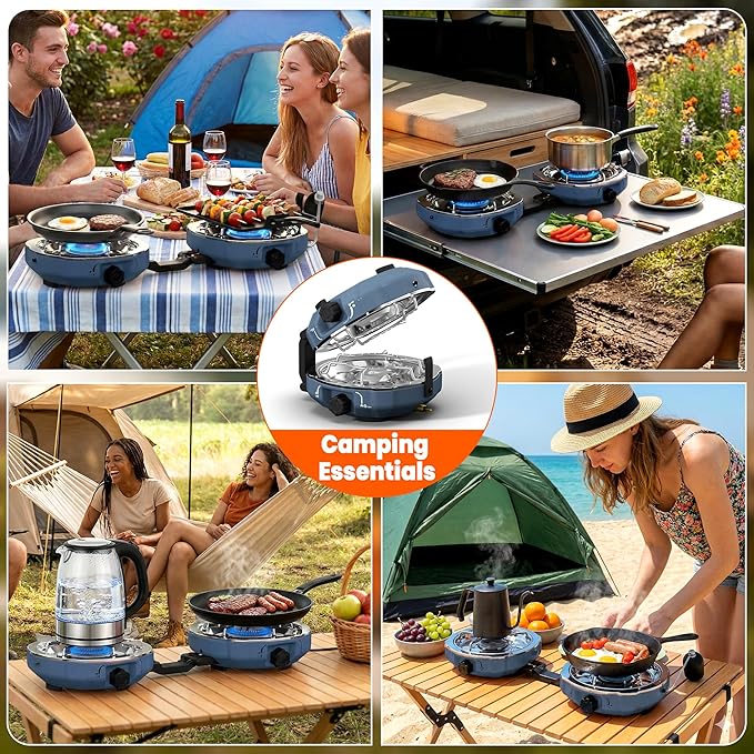 20000 BTUs 2 Burner Propane Camping Stove Portable Folding Camp Stove with Adjustable Burners Built-in Ignition and Carrying Bag Dual Gas Stoves for Tailgating Camping BBQ Overland Grey