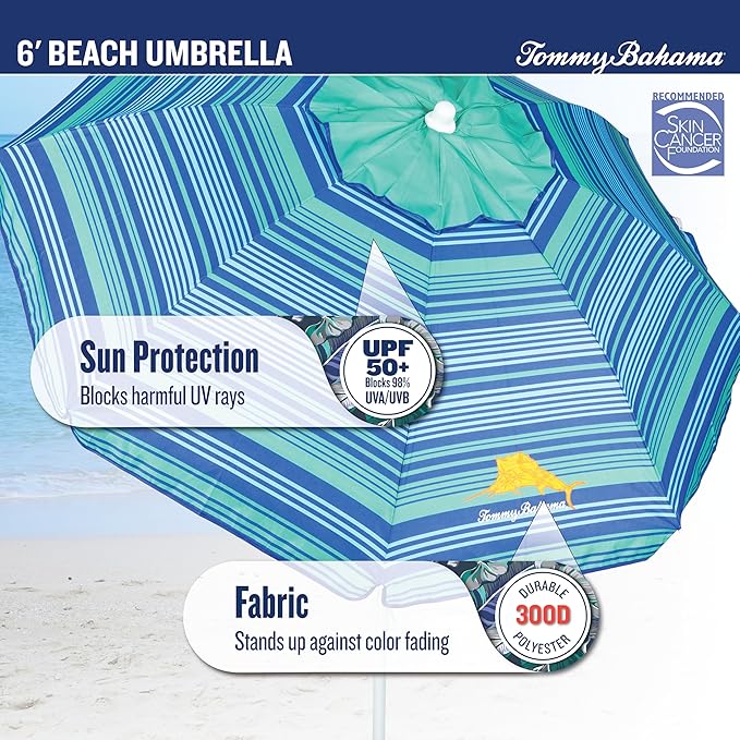 Tommy Bahama 6' UPF 50+ Tilt Beach Umbrella with Integrated Sand Anchor Wind Vent and Carry Bag