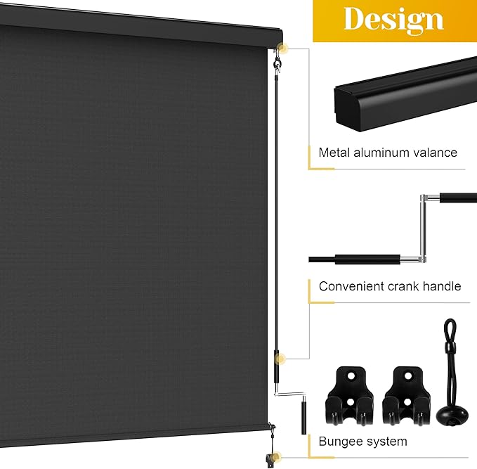 Outdoor Roller Shade with Aluminum Valance (4'W X 6'H) 420GSM New Material Patio Shade with 95% UV Blockout Outdoor Blinds with Crank Handle for Shading Privacy Protection Black