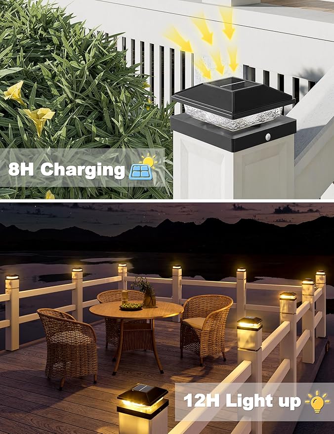 VOLISUN 4x4 Solar Fence - Post Cap Lights 8pack Outdoor Waterproof Black Deck Post Cap Light with Warm Whitefor 4x4 Wooden/4x4 Vinyl