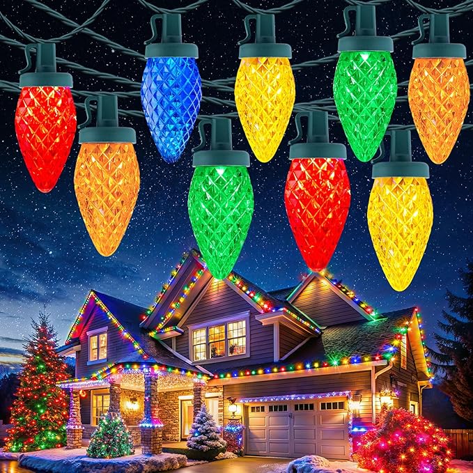 C9 Christmas Lights Outdoor 114 Feet 150 LED C9 String Lights with Timer &amp 8 Light Modes Waterproof Commercial Grade Connectable Christmas Tree Lights for Indoor Outside Roofline Patio Multicol