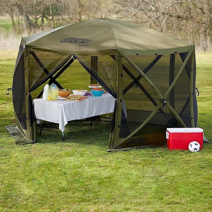 CLAM Pop Up Screen Tent Outdoor Camping Gazebo Canopy Pavilion 12.5' Green - Heavy-Duty Portable Screened Shelter with Netting for Beach Patio and Backyard