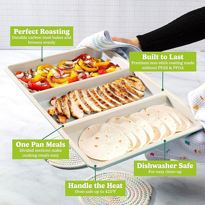 Tasty Smart Solutions Bakeware 17-Inch x 11-Inch 3-Section Roasting Pan Durable Carbon Steel for Even Cooking Premium Nonstick Coating Divided Design for One-Pan Meals Dishwasher Safe Aqua