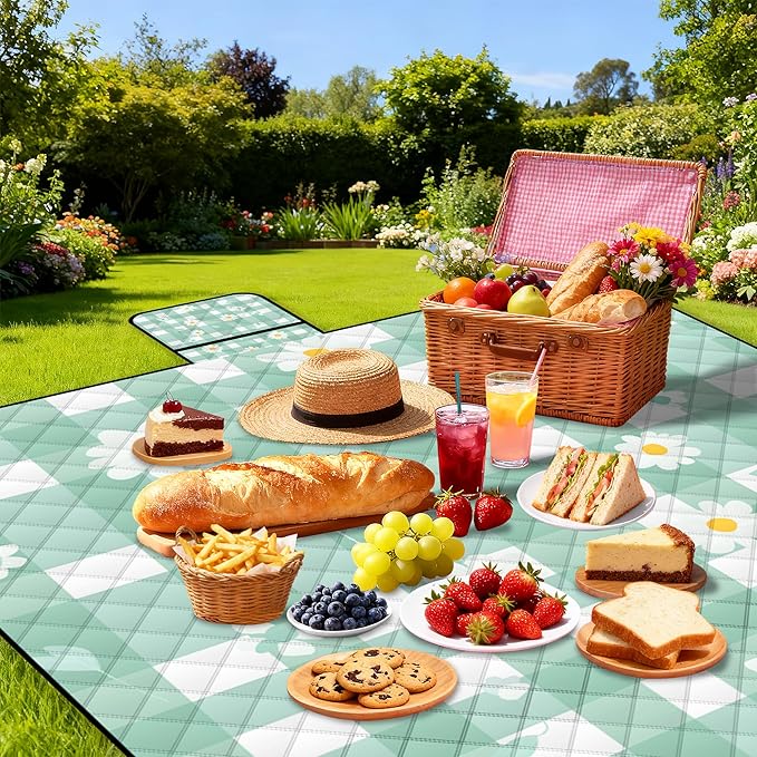 Extra Large Picnic Blanket Waterproof80x 80Foldable Machine Washable Beach BlanketOutdoor Blanket for 6-8 AdultsSuitable for Indoor CrawlingPark BeachCampingHikingFamily Travel(Light green)