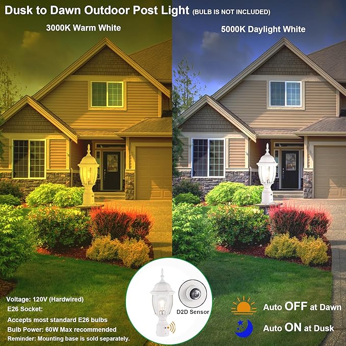 LIT-PaTH Dusk to Dawn Outdoor Post Lighting Fixture Pole Lantern E26 Medium Base Max 60W Aluminum Housing Plus Glass Bulb Not Included (White 1-Pack)