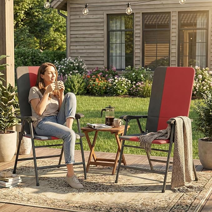 Outsunny Folding Patio Chairs Set of 2 Padded High Back Folding Lawn Chairs with Armrests 600D Oxford Fabric Portable Outdoor Camping Chair Set for Deck Garden Backyard Red