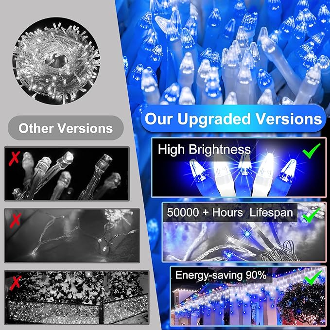 612 LED String lights Indoor Outdoor 60ft Christmas Window Lights with 136 Drops 12 Modes Dimmable Curtain Lights Fairy Lights for Bedroom Holiday Wedding Party Home Decorations Blue &amp White