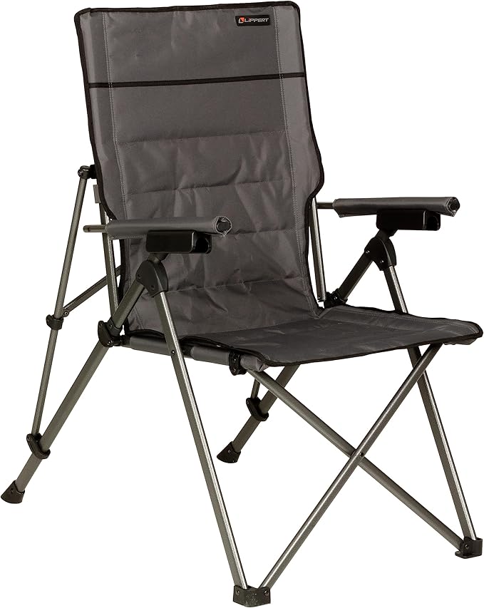 Lippert Sun Soaker Three-Position Reclining Camping Chair with 600D Polyester Fabric Padded Back/Seat Steel Frame Construction 250-lb. Weight Capacity Dark Grey Color - 2022120581