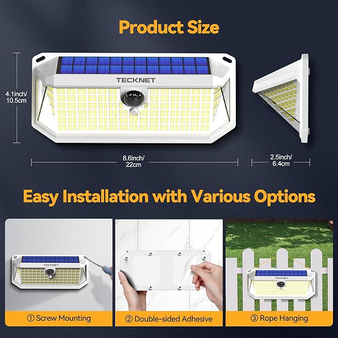 TECKNET 416 LED Solar Powered Outdoor Lights 270° Angle &amp 3 Lighting Modes Motion Sensor Light Outdoor Security Solar Lights Waterproof - 4 Pack White Cold Light