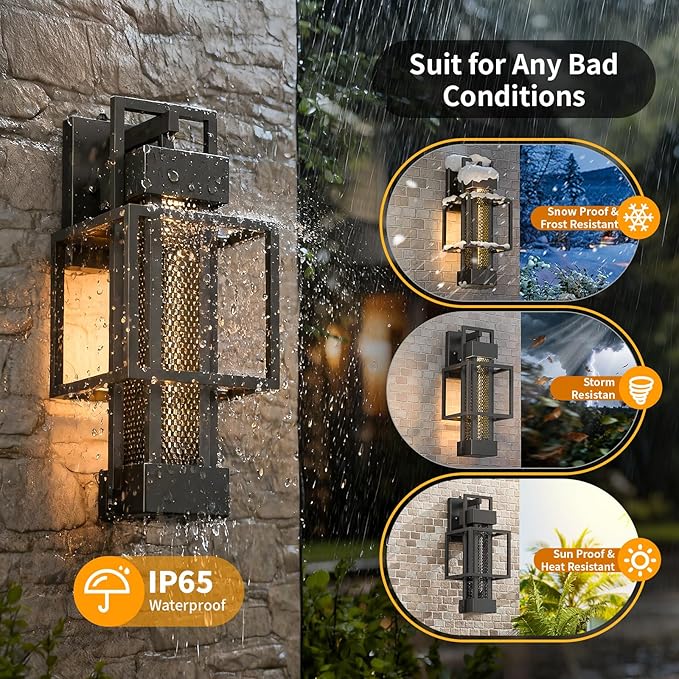 2 Pack Dusk to Dawn Outdoor Exterior Lighting Fixtures Wall Mount Dimmable Wall Porch Lights for House Sensor Outside Lantern Lamp Waterproof Black Sconce Coach Lights for Garage (Bulb Included)