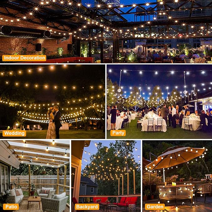 Mlambert 2 Pack Each 48FT 3-Color in 1 Solar String Lights Outdoor Dimmable Patio Lights with Remote 30+5 Waterproof LED Bulbs for Cafe Bistro Yard