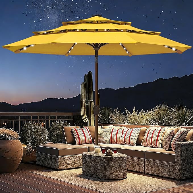 EliteShade USA 10-Year-Non-Fading 10Ft 3 Layers Market Umbrella with 80 LED Lights Patio Umbrella Outdoor Table Umbrella with Ventilation(Sunflower Yellow)