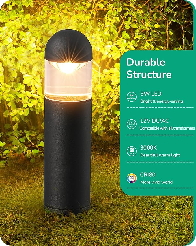 EDISHINE Low Voltage Landscape Lighting 12V 3W 3000K Warm White Electric Outdoor Bollard Lights with Connectors Waterproof LED Pathway Driveway Walkway Lights Wired for Yard Garden