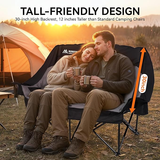 High Back Double Camping Chair 2 Person Camping Chair Low Seat Loveseat Camping Chair Fully Padded Oversized Camping Couch for Adults - Supports 650 LBS with Cup Holders Carry Bag - Black
