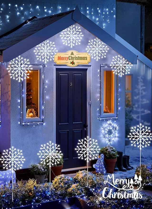 Brightown Snowflake Lights Outdoor 5 Large Snowflake Christmas Pathway Lights Outdoor Christmas Decorations Yard Sidewalk Walkway Driveway Marker Stake White