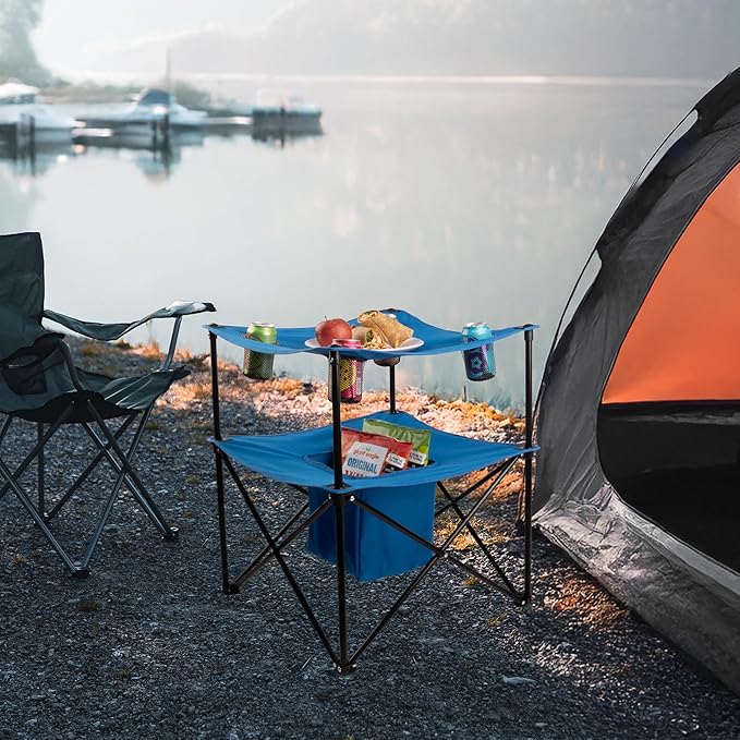 Wakeman Folding Camping Table - Small Folding Table Portable Outdoor Lightweight Tabletop with 4 Cupholders Food Basket and Travel Bag for Camp Beach or Tailgating Essentials Outdoors (Blue)