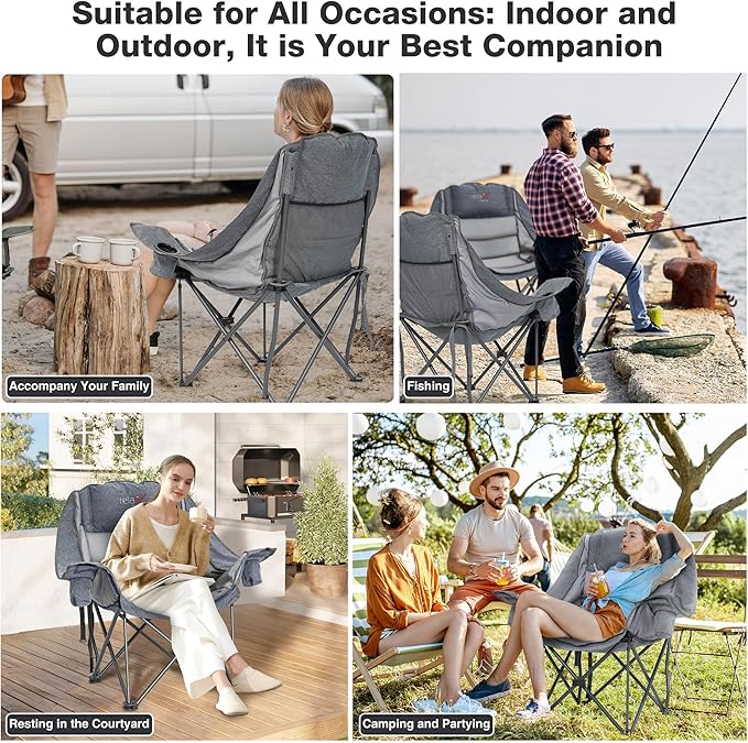 2 Pack Oversized Camping Chair Portable Folding Padded Camp Chairs with Side Pocket Cup Holder Heavy Duty Support 500LBS Outdoor Lounge Chair for Adults Fishing Sports Trip Grey