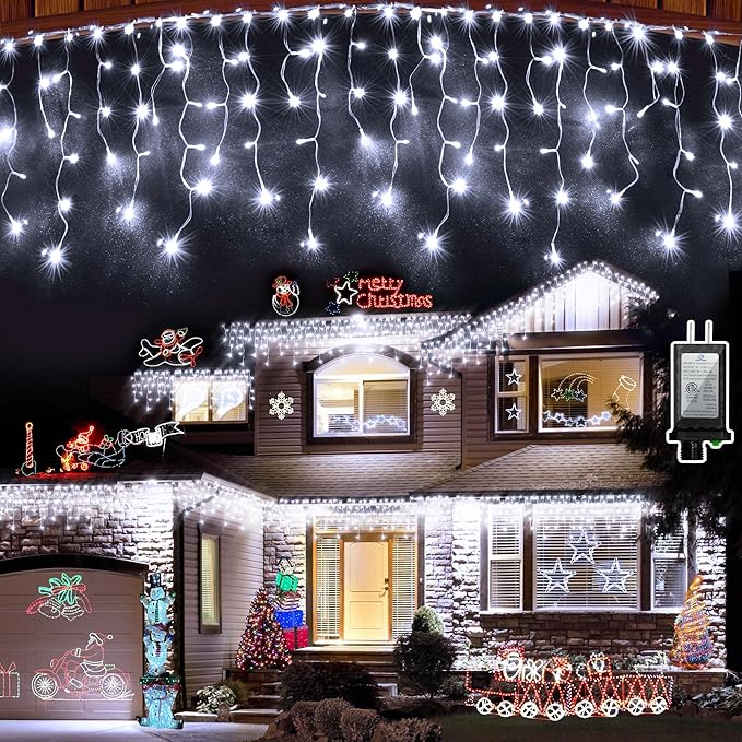 612 LED String lights Indoor Outdoor 60ft Christmas Window Lights with 136 Drops 12 Modes Dimmable Curtain Lights Fairy Lights for Bedroom Holiday Wedding Party Home Xmas Decorations Cool White