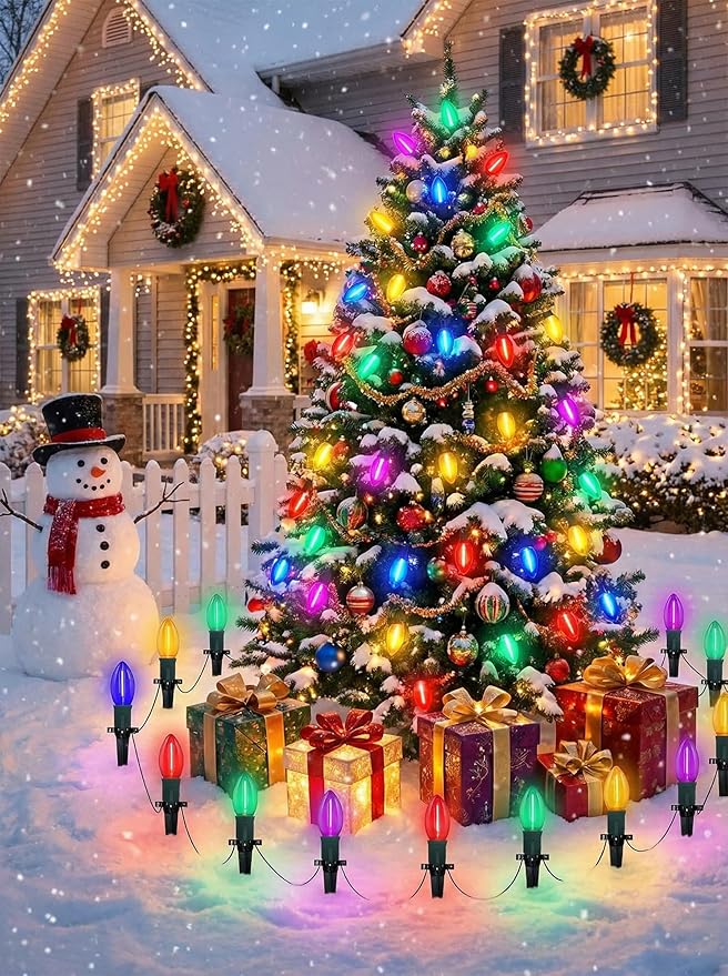 C9 Christmas Pathway Lights Outdoor 38 Ft 25 LED Multicolor C9 Christmas Lights Connectable Outdoor Waterproof Walkway Markers Light for Driveway Yard Garden Lawn Xmas Decorations