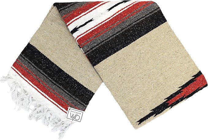 Open Road Goods Tan/Khaki Mexican Yoga Blanket - Thick Diamond Serape with Orange and Brown Stripes