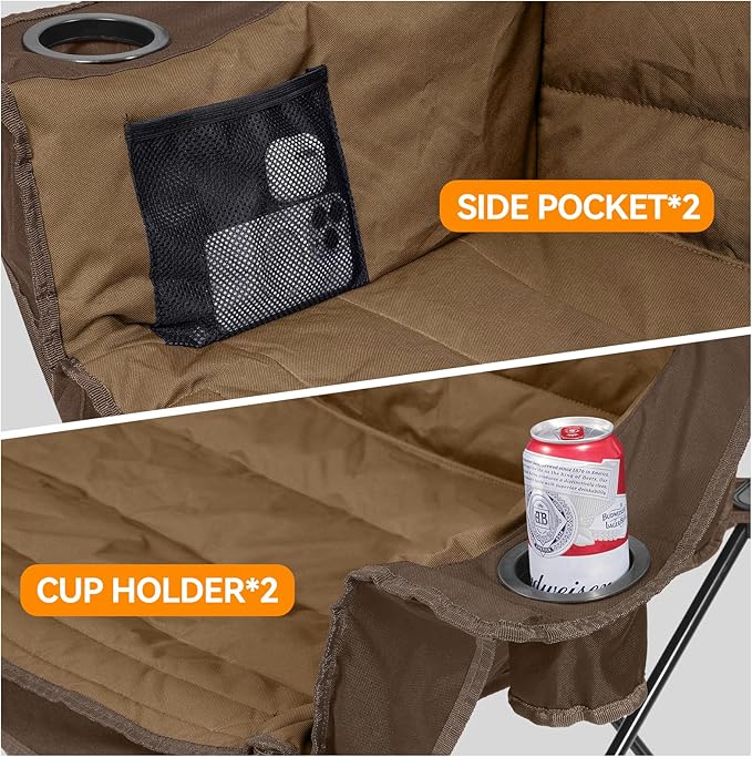 3 Person Camping Chairs Folding Double Camping Chair Portable Oversized Loveseat Padded Camp Chair Heavy Duty Camping Couch for Adults Outdoor Lawn with Two Cup Holders and Carry Bag