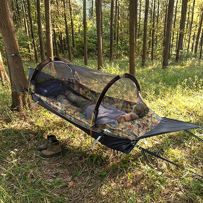 Night Cat Flat Lay Hammock Tent with Mosquito Net Waterproof Rainfly for 1 Person Backpacking Hiking Camping Lightweight 330LBS 87x28x19in