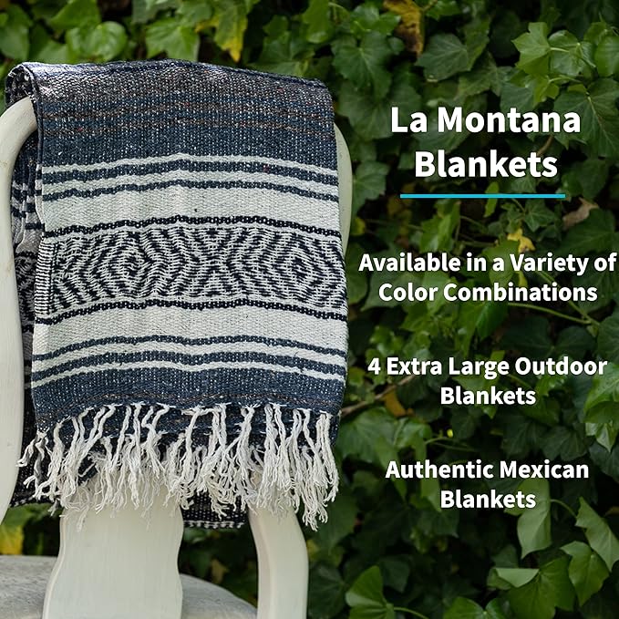 La Montana Mexican Blankets and Throws 4 Pack 74x50 - Made in Mexico Lightweight Yoga Blanket for Schools Studios Outdoors Camping Picnic Decor - Machine Washable Slate Blue/Charcoal/White