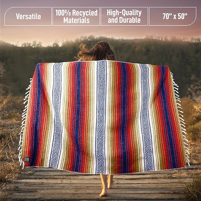 Hydration Nation Authentic Large Handwoven Mexican Striped Throw Blanket - Soft Durable Eco-Friendly - 70x50 – Sunrise