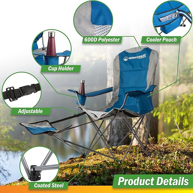 Camping Chair with Foot Rest - 300lb Capacity Beach Chair with Footrest Cupholder and Cooler Pouch - Portable Chair by Wakeman Outdoors (Blue)