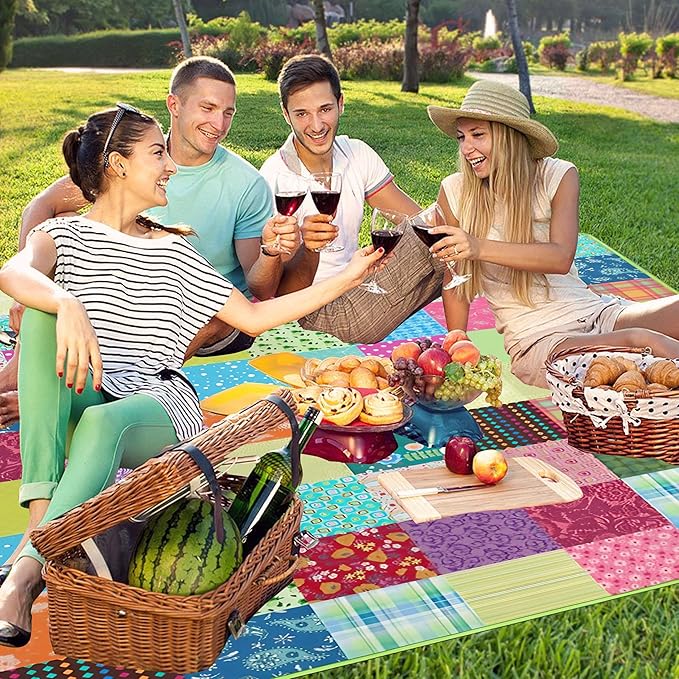 Extra Large Picnic Blankets Waterproof Foldable (80x 80) Boho Beach Blanket Waterproof Sandproof3-Layer Thicking Mat Outdoor Packable Camping Blanket