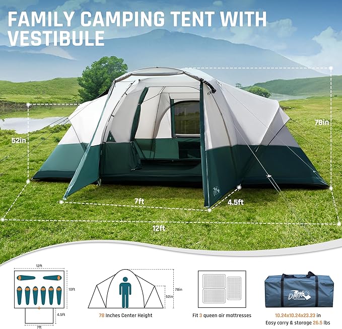 8/10/11 Person Camping Tent with Porch Large Family Tents for Camping PU1000MM Waterproof Tent with 5 Mesh Windows Removable Rainfly Reflective Windproof Rope Big Dome Tent Fits 3 Queen Airbeds