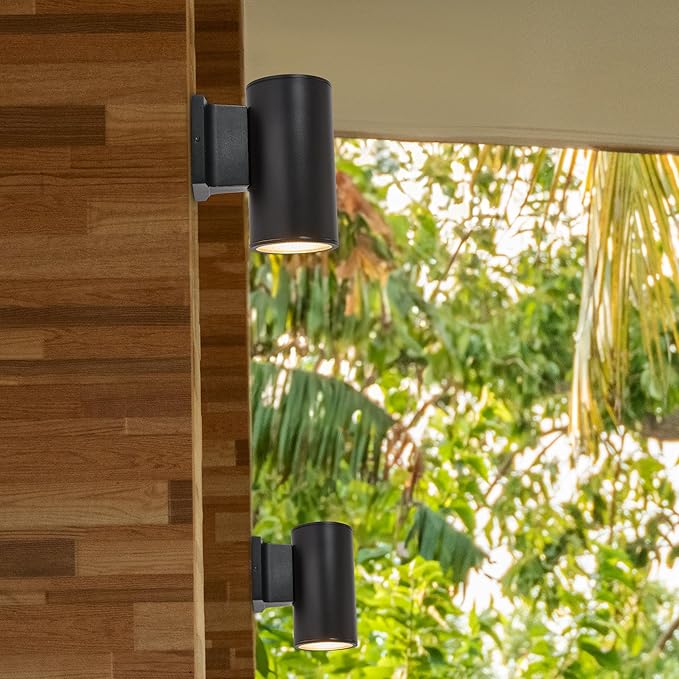 Maxxima Cylinder LED Outdoor Wall Light Modern Wall Wash 12 Watt 1050 Lumens 5 CCT 2700K/3000K/3500K/4000K/5000K Dusk to Dawn Photocell Sensor Exterior Garage Patio or Porch Lighting Black