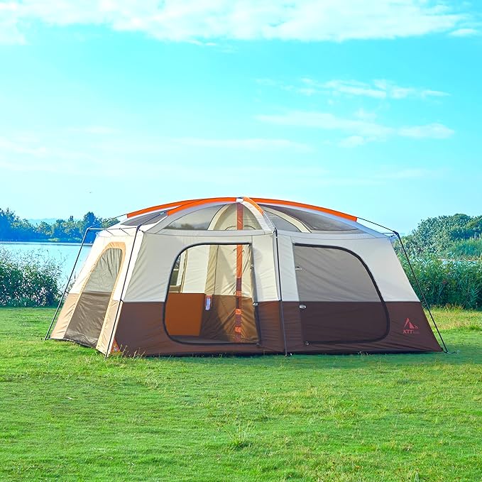 KTT Extra Large Tent 12-14 PersonFamily Cabin Tents2 RoomsStraight Wall2 Doors 4 Windows with MeshWaterproofStraight WallBig Tent for OutdoorPicnicCampingGathering(Brown)