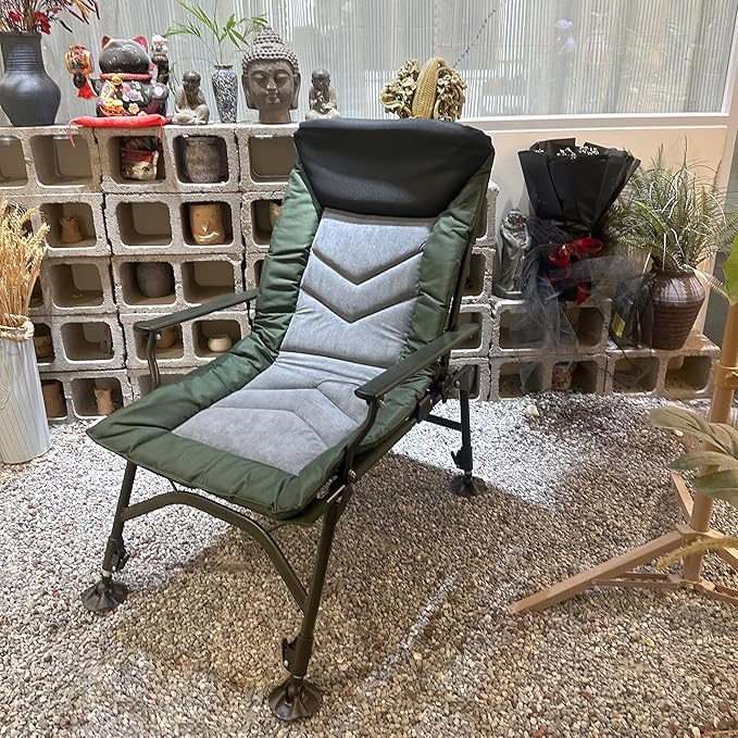 Camping Lounge Chair Portable Folding Reclining Camping Chair with Adjustable backrest for Indoor and Outdoor Camping Beach Hiking Fishing Green+Black+Grey