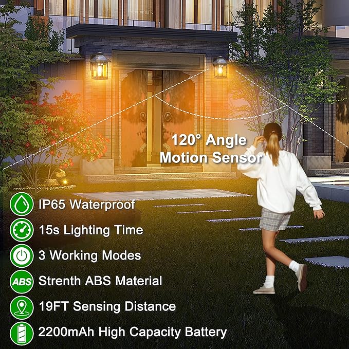Solar Powered Wall Lanterns Outdoor with 3 Modes Dusk to Dawn Motion Sensor LED Sconce Lights Waterproof Exterior Front Porch Security Lamps Wall Mount Patio Fence Decorative Light Fixtures