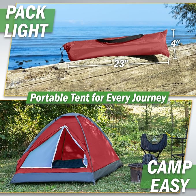2 Person Camping Tent with Rain Fly and Carrying Bag - Lightweight Outdoor Tent for Backpacking Hiking or Beach Use by Wakeman Outdoors
