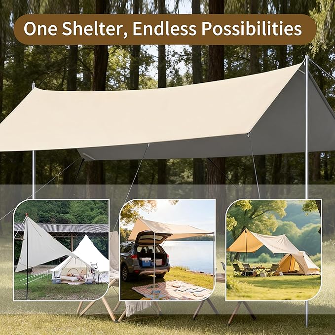 Hexagon Silver Camping Tarp Rain Fly Tarp Camping Canopy Lightweight Ripstop Fabric - UPF50+ Sun Shelter Waterproof &ampWindproof Beach Tent (118x118in Sand Gold Blackout Fabric)
