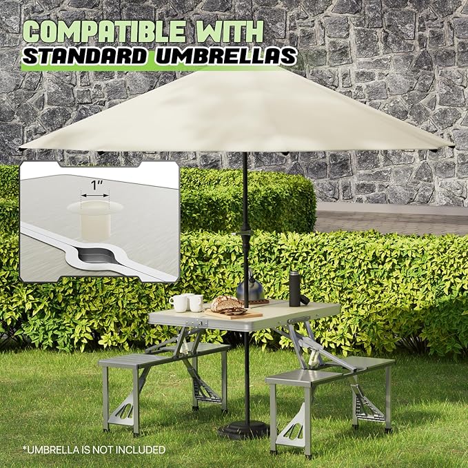 Magshion Folding Picnic Table with 4 Seats Portable Camping Table with Adjustable Height Umbrella Hole Easy Setup for Outdoor Tailgating &amp Travel Silver
