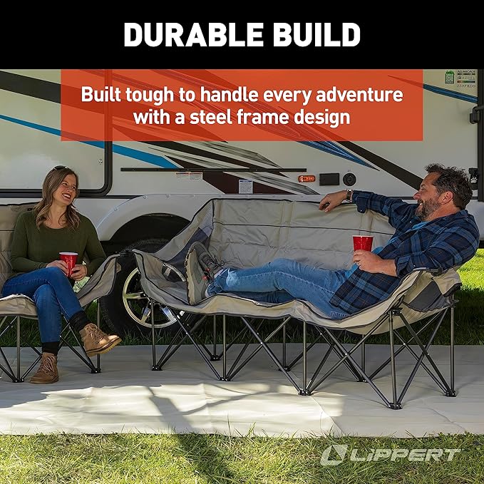 Lippert Campfire Folding Couch - Sand High-Loft Foldable Sofa Dual Cup Holders Power Coated Steel Frame Durable 600D Polyester Fabric for Outdoor Use 500 lb. Capacity 2022114795