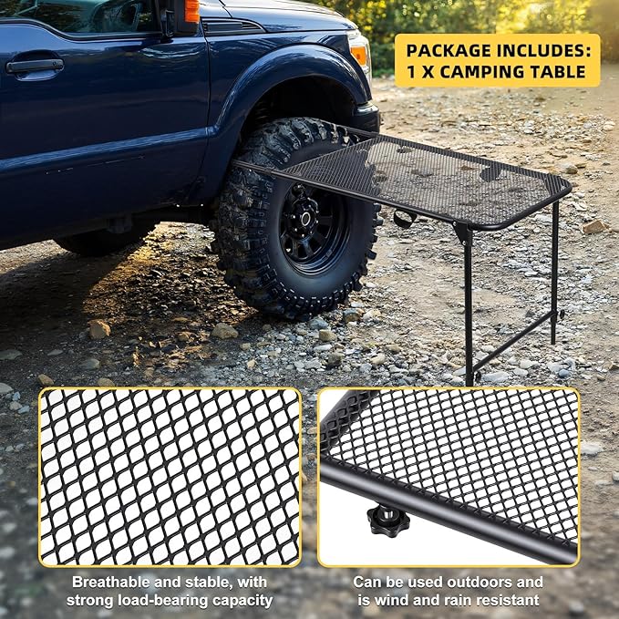 Camping Table for Tire Mount 66Lbs Capacity Heavy Duty Carbon Steel Foldable Table Portable Side Stand for Car Tailgate and RV Travel Black