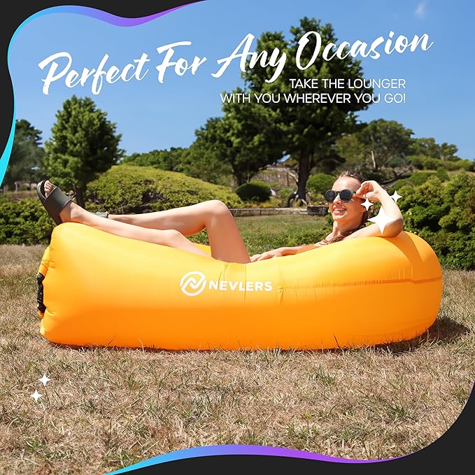 Nevlers Saffron Inflatable Lounger | 210T Polyester Inflatable Chair | No-Pump Inflatable Furniture | Camping Couch w/ 450lbs. Cap. Pockets &amp Matching Bag | Use as Inflatable Couch for Adults &am