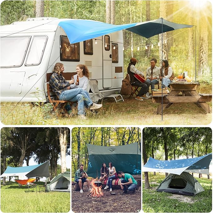 Forceatt 12x14FT Tarp with 2 Poles Waterproof Anti-UV Camping Tarp Car Awning (UPF50+) Lightweight Sun Shelter for Car Tent and Hammock in Hiking Backpacking Garden and Traveling