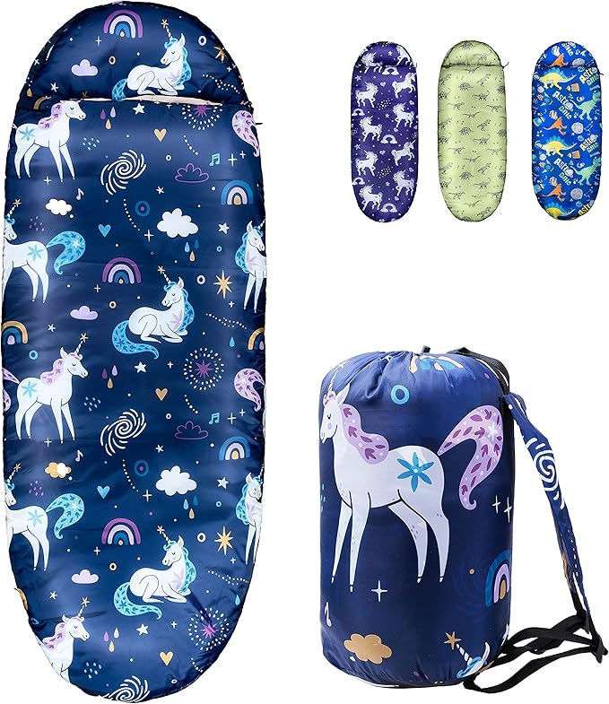 Kids Sleeping Bags for Girls – Unicorn Rainbow Space Navy – Rioyalo YOLO 45 Camping Sleeping Bags for Kids with Carry Bag - Outdoor and Indoor (Unicorn-NV)