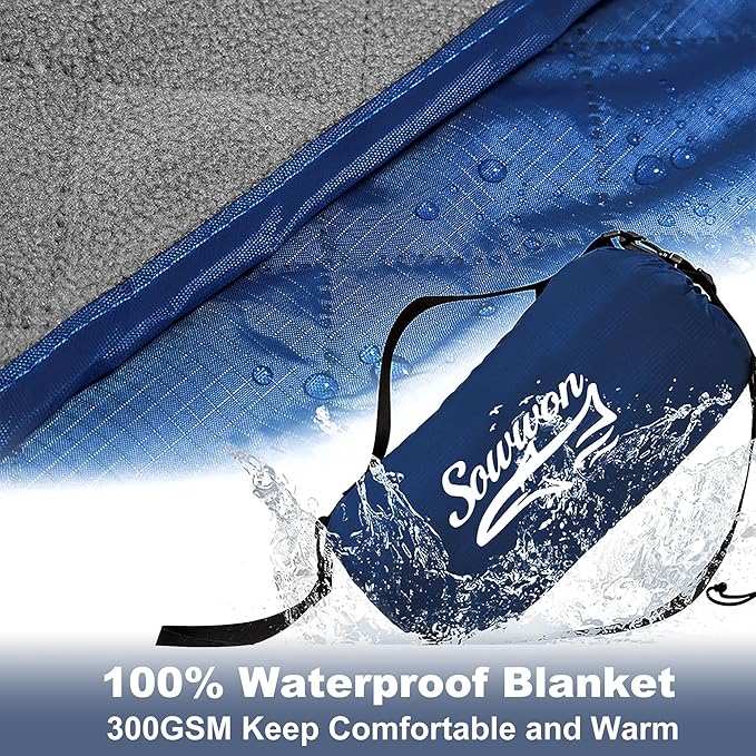 Waterproof Outdoor Blanket 92”X 60” Packable Stadium Blankets for Camping with Quilted Fleece Lining Large Windproof Emergency Throw Mat for Garss Picnic Hiking Road Trip Machine Washable Navy