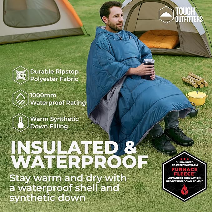 Tough Outdoors 5 in 1 Camping Poncho - Packable Blanket - Wearable Sleeping Bag Adult - Sleeping Bag Poncho - Waterproof