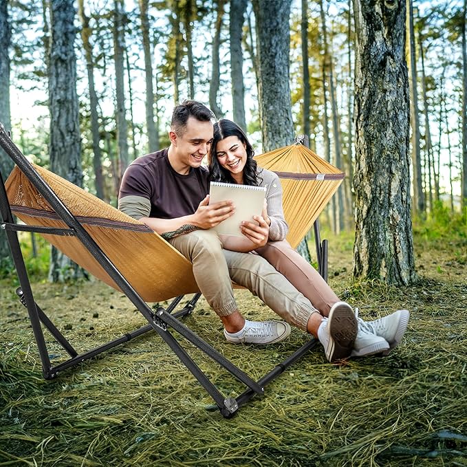 Tranquillo Universal Double Hammock with Stand Included for 2 Persons 600 lbs Capacity Portable Foldable with Case - Indoor Outdoor Camping Yellow