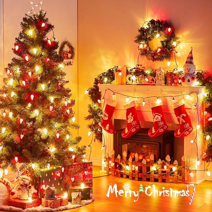 Brightown C9 LED Christmas String Lights 66ft 100 LED Waterproof Strawberry String Lights Plug-in Extendable Green Wire Lights String for Outdoor Outside Patio Party Decoration Red and Warm White